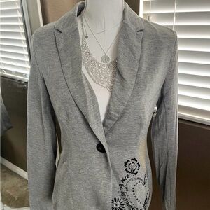 Desigual Gray Blazer with Artistic Floral Design